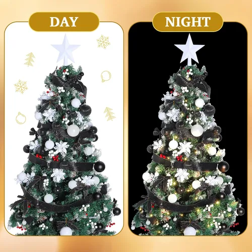 Miniatura 4 de Poen Juego de 108 adornos para árbol de Navidad, incluye bolas para árbol navideño, flor de pascua con purpurina, lazos, bayas, tallos, hojas, copos