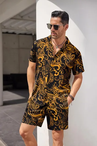 Miniatura 3 de COOFANDY Conjunto de camisa hawaiana y pantalón corto para hombre, traje de playa de 2 piezas con sombreros de pescador