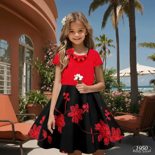 Miniatura 4 de Tao-Ge Vestido vintage de lunares para niñas, vestidos de fiesta retro de los años 50, vestido de fiesta con vuelo, talla 6-12 con collar