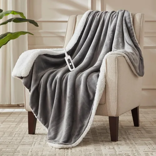 Miniatura 15 de Manta térmica de sherpa de doble cara, manta eléctrica de calefacción suave para cama, sistema de seguridad automático, 6 niveles de calefacción y 4
