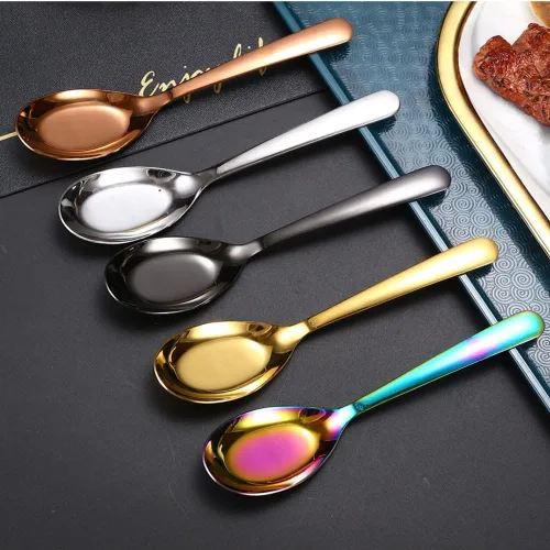 Miniatura 6 de 5 cucharas de sopa y postre de acero inoxidable con acabado espejo para sopa, arroz, té, leche, café y helado (dorado)