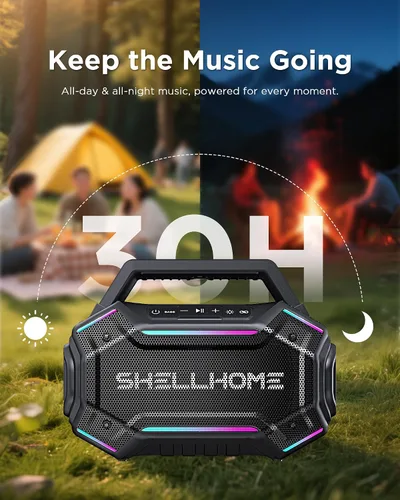 Miniatura 5 de ShellHome Altavoces Bluetooth 6.0 para exterior, altavoz potente de 80 W (máximo) con graves, 30 horas de reproducción, impermeable IPX6, luces RGB
