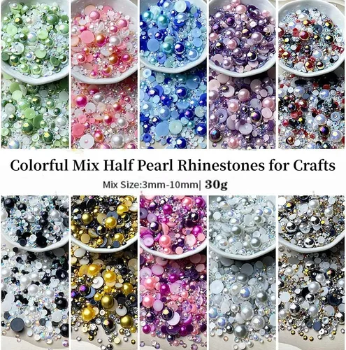Miniatura 4 de Diamantes de imitación de media perla roja y negra de 1.06 oz para manualidades, tamaño mixto de 0.116 a 0.394 pulgadas, diamantes de imitación