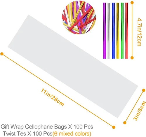 Miniatura 2 de 100 bolsas de celofán de 3 x 11 pulgadas, transparentes, largas, planas, para regalo, bolsas de pretzel transparentes con 6 colores mezclados