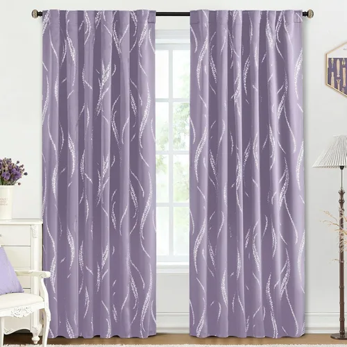 Miniatura 56 de Yakamok Cortinas opacas de 84 pulgadas de largo para sala de estar, con aislamiento térmico, patrón de líneas onduladas doradas, patrón de puntos