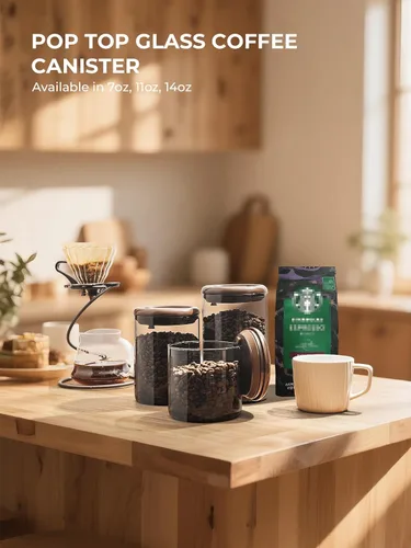Miniatura 7 de Recipiente de vidrio para café molido hermético de 10 oz – Bote de café molido con tapa Pop Top y válvula de CO₂, recipiente de granos de café