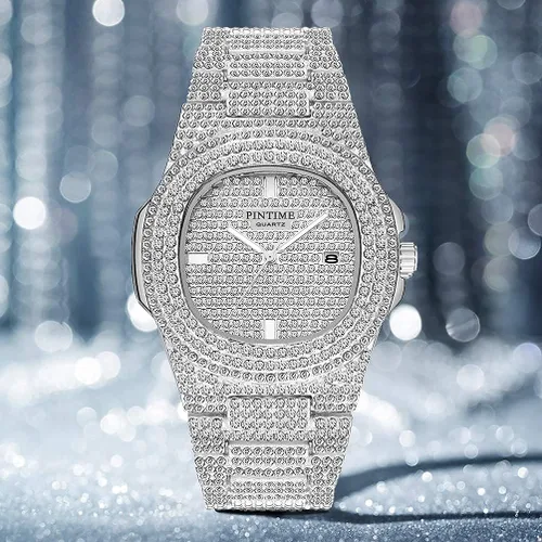 Miniatura 14 de Gosasa Reloj de pulsera unisex de cristal para hombre y mujer, reloj cubano con brillo completo, oblongo de plata/oro, reloj de pulsera de acero