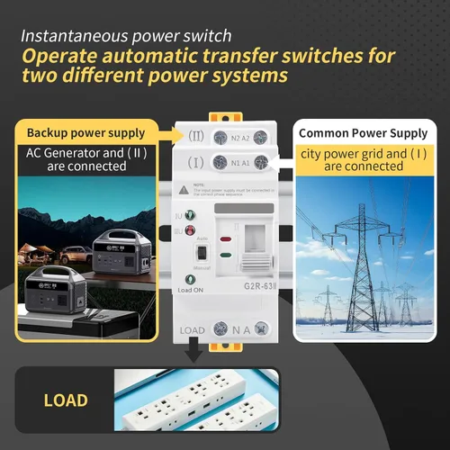 Miniatura 2 de Mini ATS AC Interruptor de transferencia automática/manual 2P 63A 110V, ATS de transferencia manual para fuente de alimentación ininterrumpida