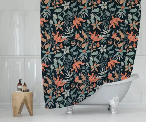Miniatura 8 de Cortina de ducha con estampado floral coral oscuro - Patrón de flores negras moderno melancólico - Decoración moderna para el hogar - Cortina