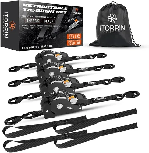 Correas de trinquete retráctiles (4 unidades): 1 pulgada x 10 pies (resistencia a la rotura de 1,650 libras), correas de amarre autoretráctiles para