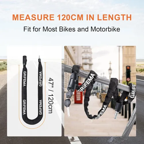 Miniatura 6 de GRIFEMA Candado de cadena para bicicleta con llave, cerradura antirrobo de bicicleta resistente, cadena de seguridad de acero endurecido de 4 pies