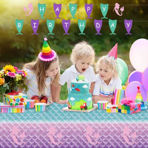 Miniatura 7 de 1 mantel de decoración de fiesta de cumpleaños de sirena, funda de mesa de plástico desechable para princesa bajo el mar, suministros de fiesta