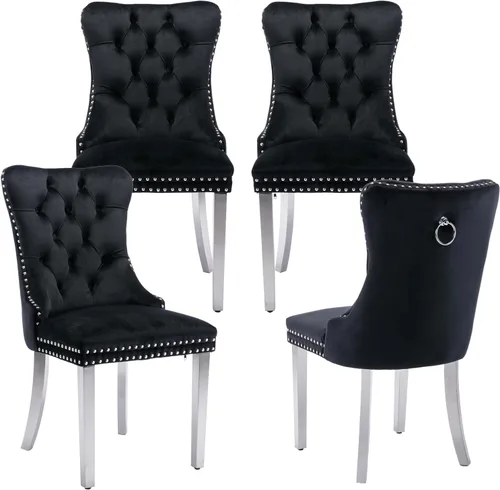 Miniatura 75 de LKTART Juego de 2 sillas de comedor de terciopelo, sillas de comedor copetudas con ribete de anillo de clavo, silla de comedor tapizada con patas