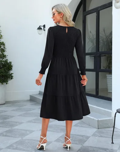 Miniatura 3 de Zattcas Vestido de otoño de manga larga para mujer 2023, corpiño fruncido y puños con lunares suizos, cuello redondo, escalonado, modesto, casual