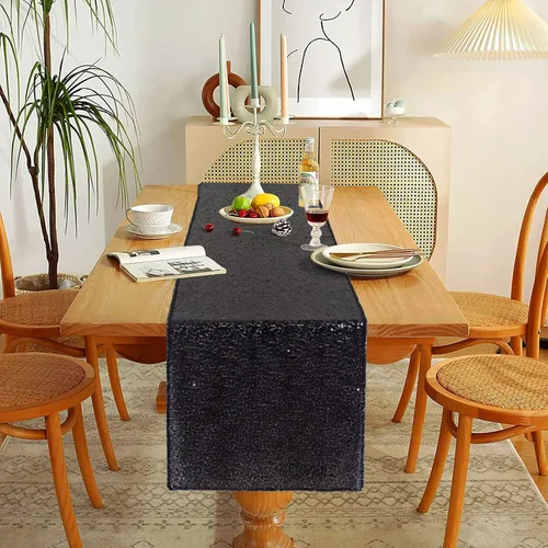 Miniatura 3 de AMZLOKAE Camino de mesa de lentejuelas, paquete de 2, camino de mesa negro de 12 x 120 pulgadas, para decoración de boda, rectangular, color negro