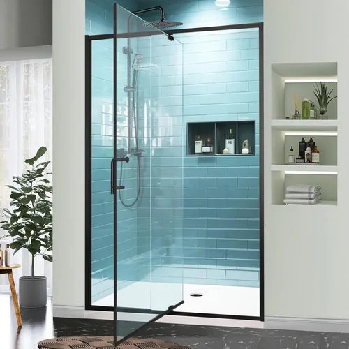 Miniatura 23 de GroGro 56-60" W x 71" H Mampara de ducha giratoria de vidrio semisin marco, vidrio templado transparente de 1/4" (6mm) SGCC, acabado cromo, Cromado