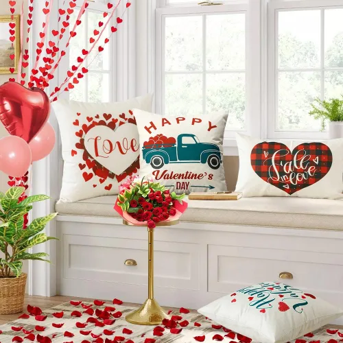 Miniatura 6 de Artscope Fundas de almohada impermeables para el día de San Valentín, juego de 4 fundas de cojín de lino y algodón para sofá en exteriores, 12 x 20