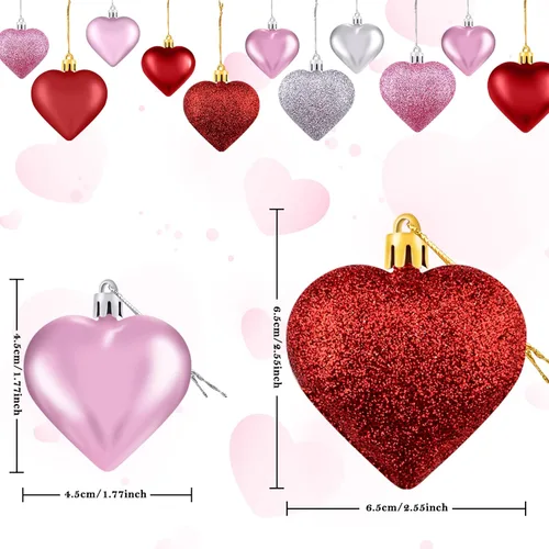 Miniatura 3 de Duufin 54 adornos de corazón para el día de San Valentín, adornos con forma de corazón, adornos colgantes con purpurina para San Valentín, árbol