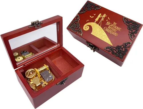 Youtang Caja de Música de Joyería de Nightmare Before Christmas con Espejo, Caja Musical de Madera Grabada con Láser, Caja Musical de Cuerda, Regalo