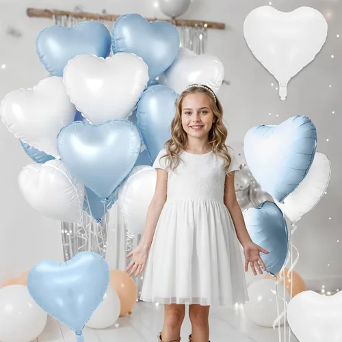 Miniatura 5 de Globos de corazón azul bebé, 10 piezas de globos en forma de corazón azul claro y blanco pastel, globos de papel de aluminio blanco arena crema