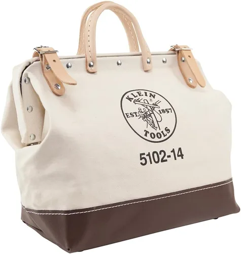 Klein Tools 5102-14 Bolsa de herramientas de lona natural resistente, bolsa de herramientas, bolsa multiusos con apertura ancha con bisagras y asas