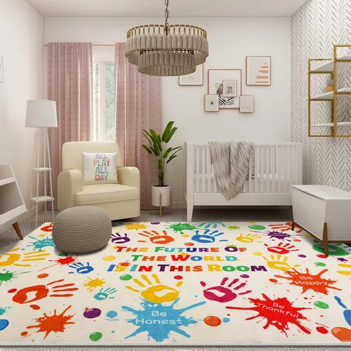 Miniatura 8 de Alfombra colorida para niños, alfombra lavable para niños, alfombras de área de huellas de manos para dormitorio de niños, alfombra de juego