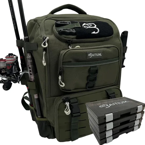 Baitium Mochila de pesca - Bolsa de aparejos de 40L con enfriador, soportes para cañas, perfecta para equipo de pesca Verde