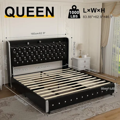Miniatura 2 de GEGOFORU Base de cama Queen con luces LED y proyector de galaxia, moderna plataforma con respaldo alado con 4 cajones de almacenamiento, puertos