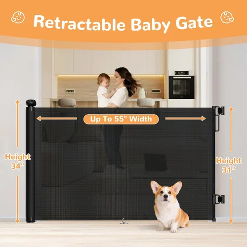 Miniatura 2 de Puerta retráctil para bebés para escaleras y puertas, 34 pulgadas de alto que se extiende hasta 55 pulgadas de ancho, puerta de malla para bebés