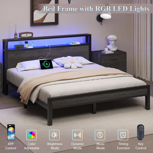Miniatura 5 de LOEWAY Base de cama tamaño Queen con cabecera de almacenamiento y luces LED, cama plataforma industrial con estación de carga, listones de metal Gris