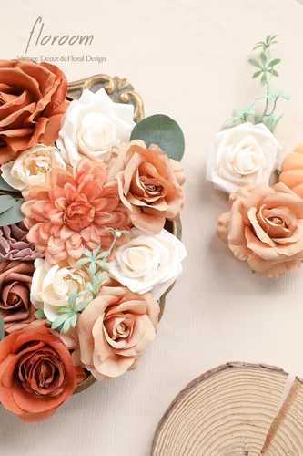 Miniatura 2 de Floroom Flores artificiales de terracota, rosas falsas de color naranja quemado, peonías, dalia, vegetación, caja combinada para bricolaje, ramos