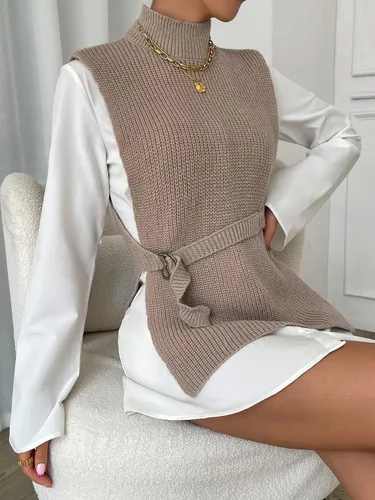 Miniatura 6 de SweatyRocks Chaleco de punto elegante de cuello alto sin mangas para mujer, con cinturón lateral dividido