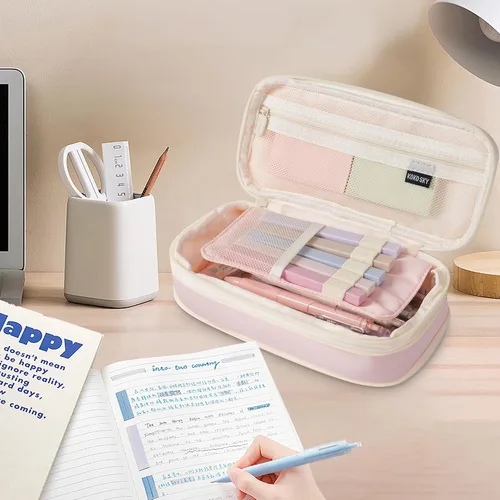 Miniatura 6 de Estuche para lápices de gran capacidad con 5 bolígrafos de gel negros (rosa) Expandable, Water-resistant, 4-compartment design, Versatile, Quality