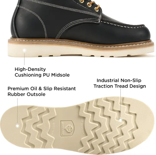 Miniatura 5 de SUREWAY GoodyearWelt, botas de trabajo de 6 pulgadas para hombre, suaves, con punta de acero, de cuero de grano completo, antideslizantes, EH Safety