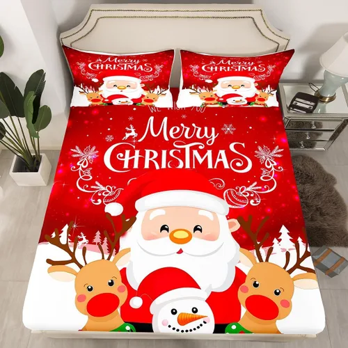 Miniatura 15 de Erosebridal Sábana bajera ajustable de Papá Noel con bolsillo profundo para niños, niñas y niños, juego de ropa de cama de Navidad para niños