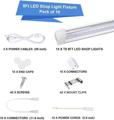 Miniatura 8 de Henwsi Lámpara LED de tienda de 8 pies, paquete de 10 luces de tubo integradas T8, 72 W, 9500 lúmenes, 6500 K, cubierta transparente de alto