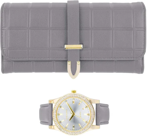 Miniatura 7 de Reloj de pulsera de cuero dorado para mujer y cartera de tres pliegues a juego