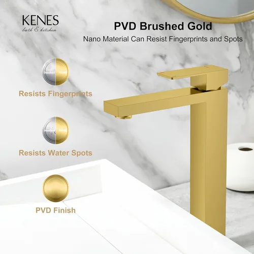 Miniatura 7 de KENES Grifo de Baño Alto de Oro Cepillado, Grifo de Lavabo de Una Sola Manija para Lavabo de Recipiente, Grifo de Baño de Tocador Dorado con Líneas