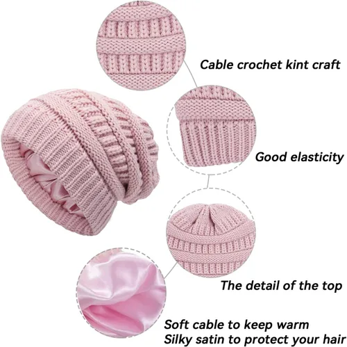 Miniatura 3 de Gorro de invierno para mujer, sombrero de protección para el cabello, gorro de punto cable suave, gorro de nieve con forro de satén para mujer