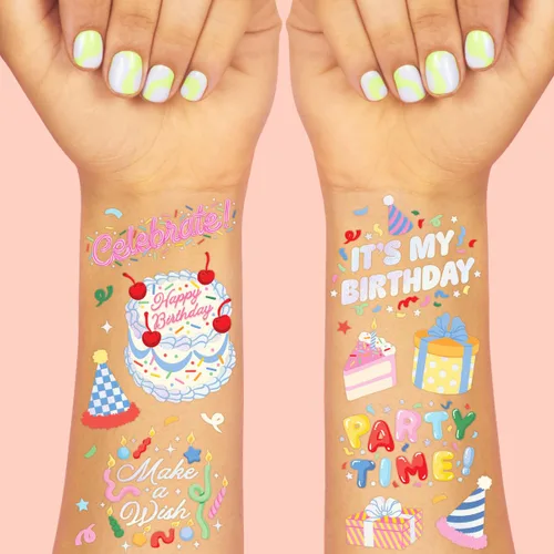 xo, Fetti Tatuajes de cumpleaños para niños - 50 diseños, 2 hojas | Lámina iridiscente, recuerdos de fiesta, rellenos de bolsas de golosinas,