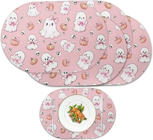 Miniatura 58 de Pumpkin Placemats Set of 4 Ghost Non Slip Washable Heat Resistant Place Mats 12x18 Inch Round Tablemats for Dining Kitchen Party Daily Table Decor