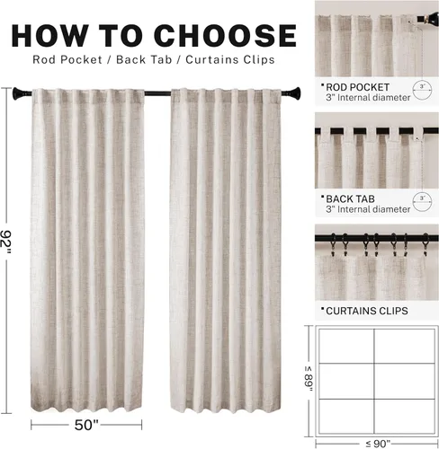 Miniatura 3 de Cortinas de lino 92 pulgadas de largo, juego de 2 paneles con bolsillo para barra, lengüeta trasera, cortinas transparentes para ventanas