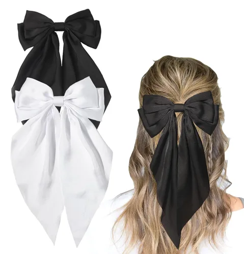 Miniatura 19 de Furling Pompoms Pinza para el Cabello Lazos para el Cabello, 2 piezas Lazos Grandes de Satén Beige/Negro para Mujeres y Niñas, Pasadores