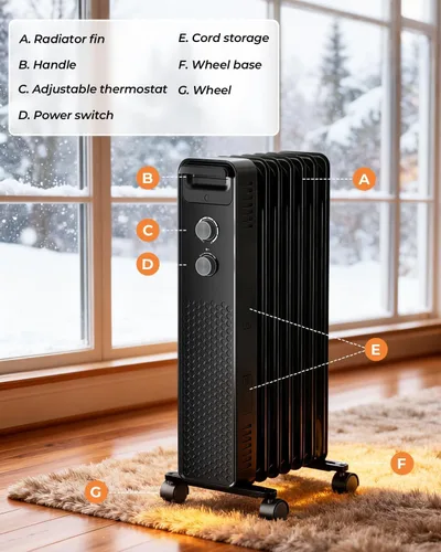 Miniatura 6 de ZAFRO 1500 W Calentador Eléctrico de Radiador Lleno de Aceite con Termostato Ajustable, Protección Contra Sobrecalentamiento y Vuelco, Bajo Nivel