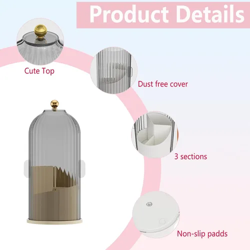Miniatura 4 de Organizador de brochas de maquillaje con tapa giratoria de 360 grados, transparente, a prueba de polvo, diseño de 3 compartimentos, organizador