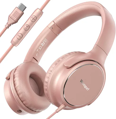 Miniatura 14 de Auriculares con cable USB C sobre la oreja con micrófono, control de volumen, puerto compartido y diadema ajustable, auriculares estéreo plegables