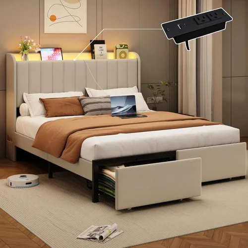 Miniatura 19 de Marco de cama completa con 4 cajones y cabecera de almacenamiento, marco de cama de plataforma tapizada tamaño completo con luces LED y práctica