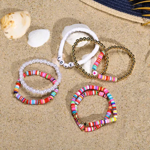 Miniatura 7 de Pulsera elástica de cuentas Surfer para mujer, juego de cuentas coloridas ajustables, pulseras Y2K con dije de corazón y estrella, para verano