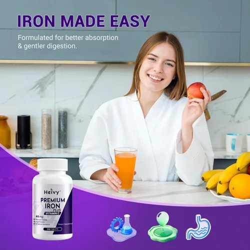 Miniatura 6 de Heivy Sulfato ferroso 325 mg, hierro 65 mg, hierro con vitamina C – Suplemento de hierro de alta potencia para mujeres y hombres – Ingredientes