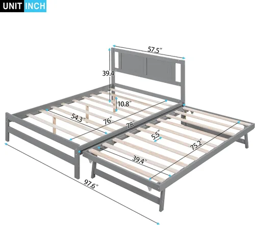 Miniatura 2 de Harper & Bright Designs Base de cama de tamaño matrimonial con nido ajustable, cama de plataforma matrimonial de madera con cabecero, marco de cama